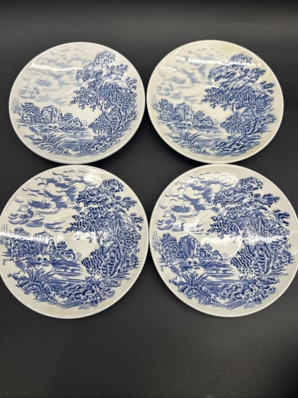 VTG Wedgwood Countryside Blue White Transferware Saucers 5.5” Set Of 4 Farmhouse